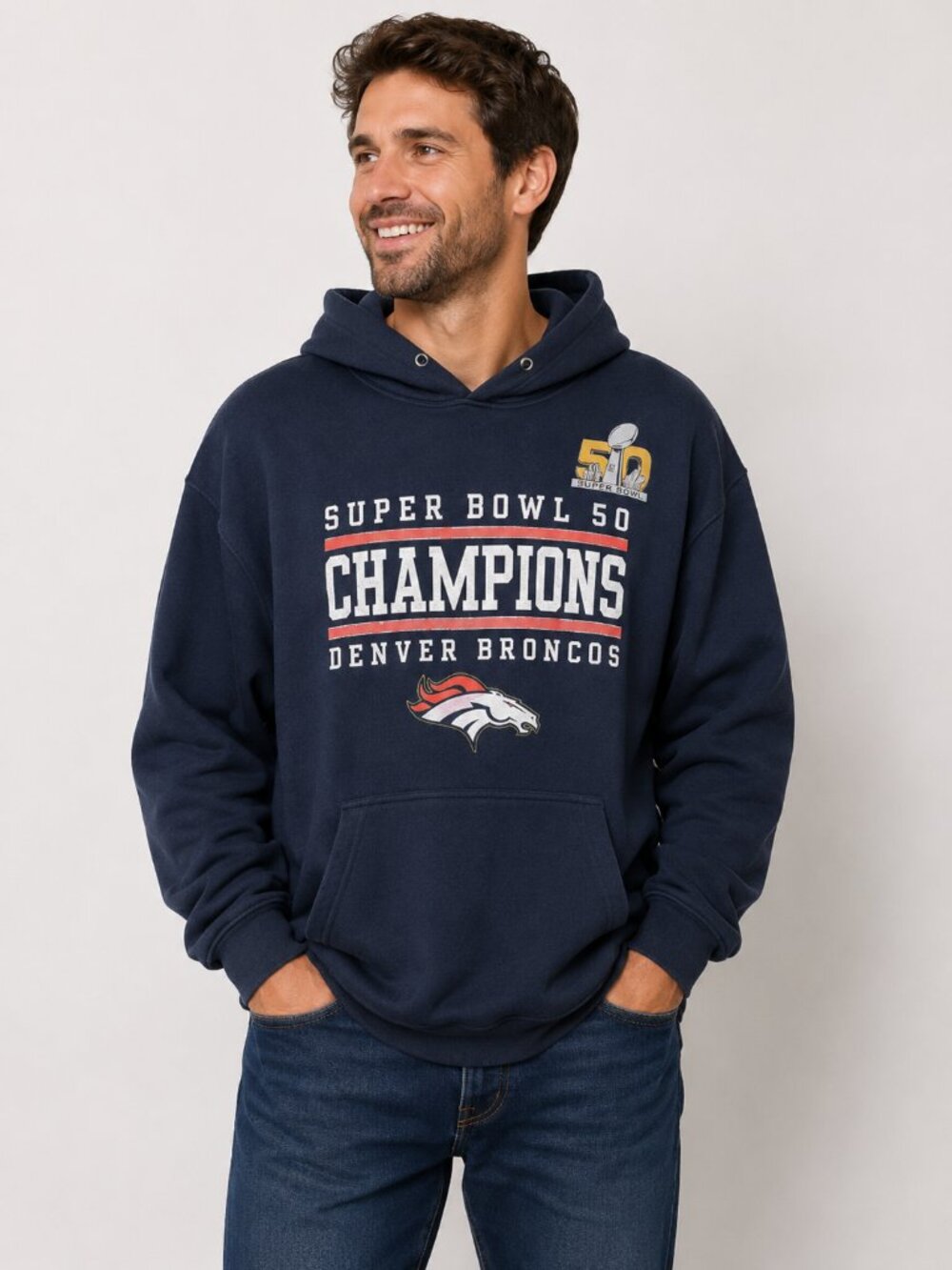 Nike Denver Broncos Super Bowl 50 Champions Hoodie Men's Large NFL Navy